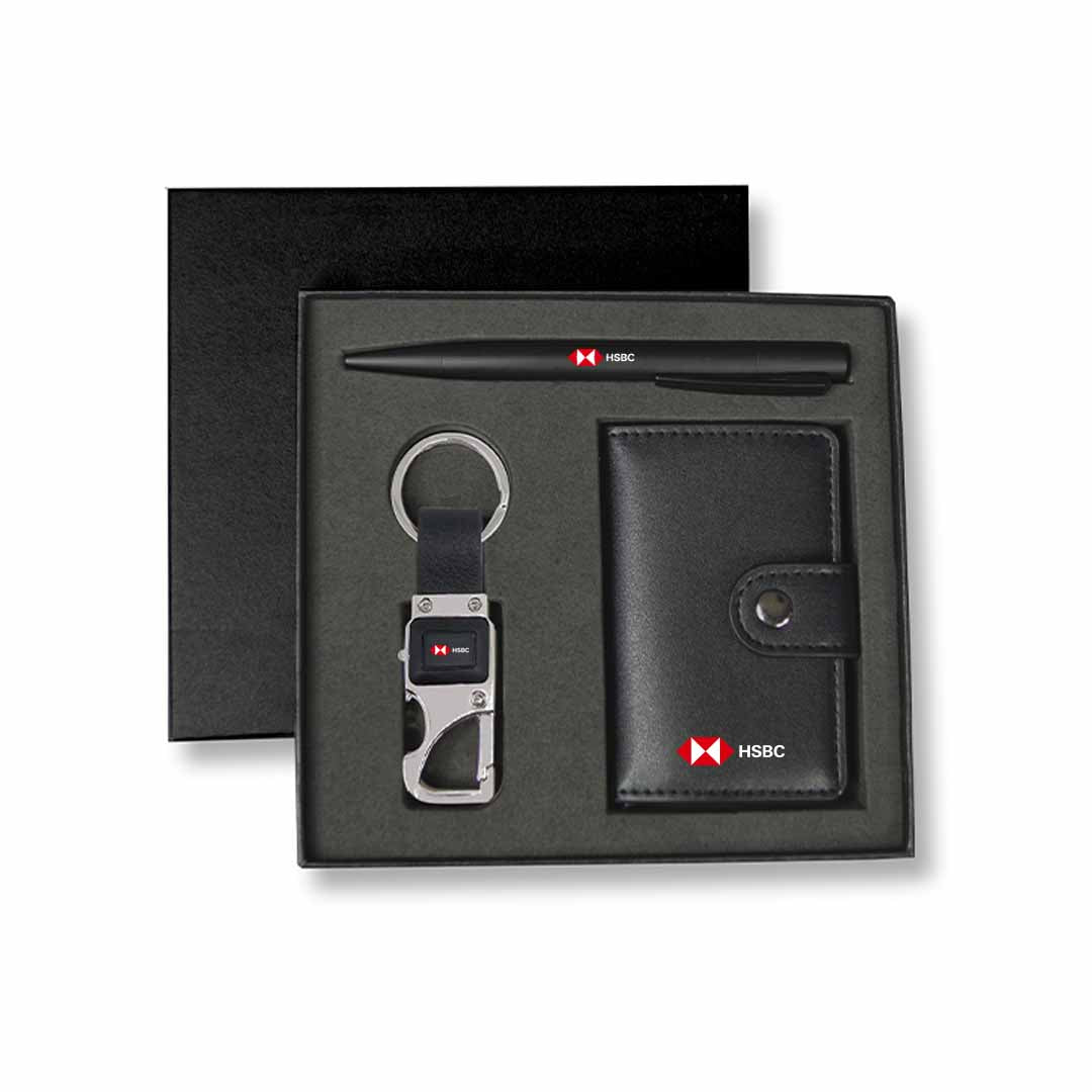 REINE - Set of RFID Card Holder, Key Chain and Pen - Black