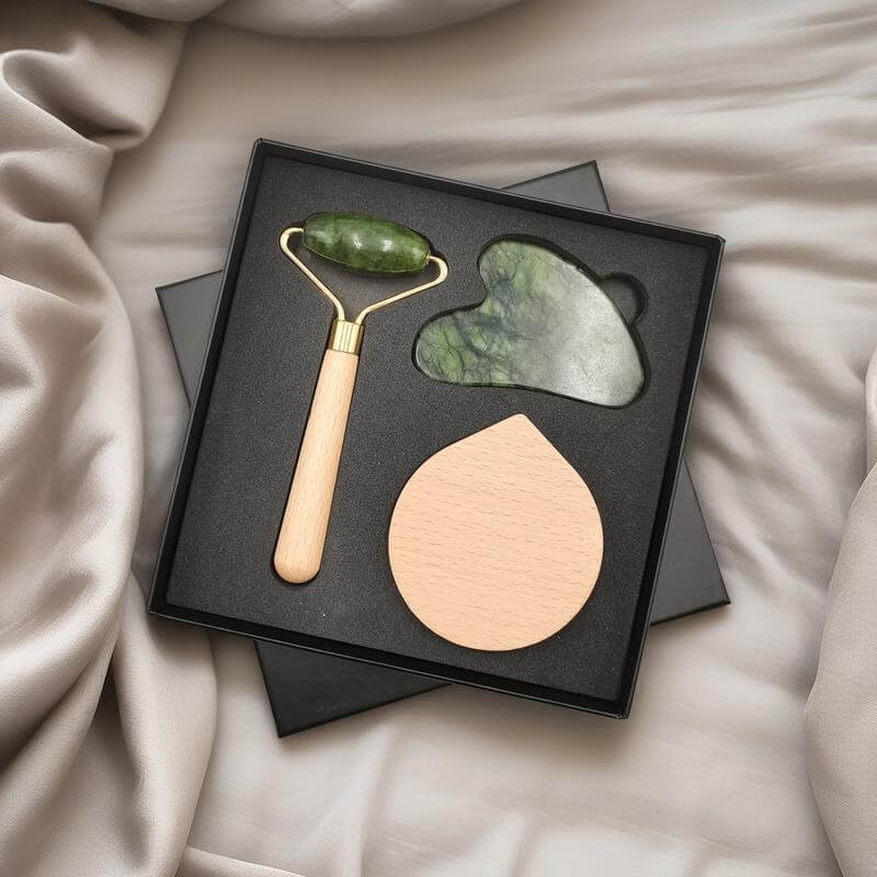 LUNA - Set of Jade Face Roller, Guasha and Mirror