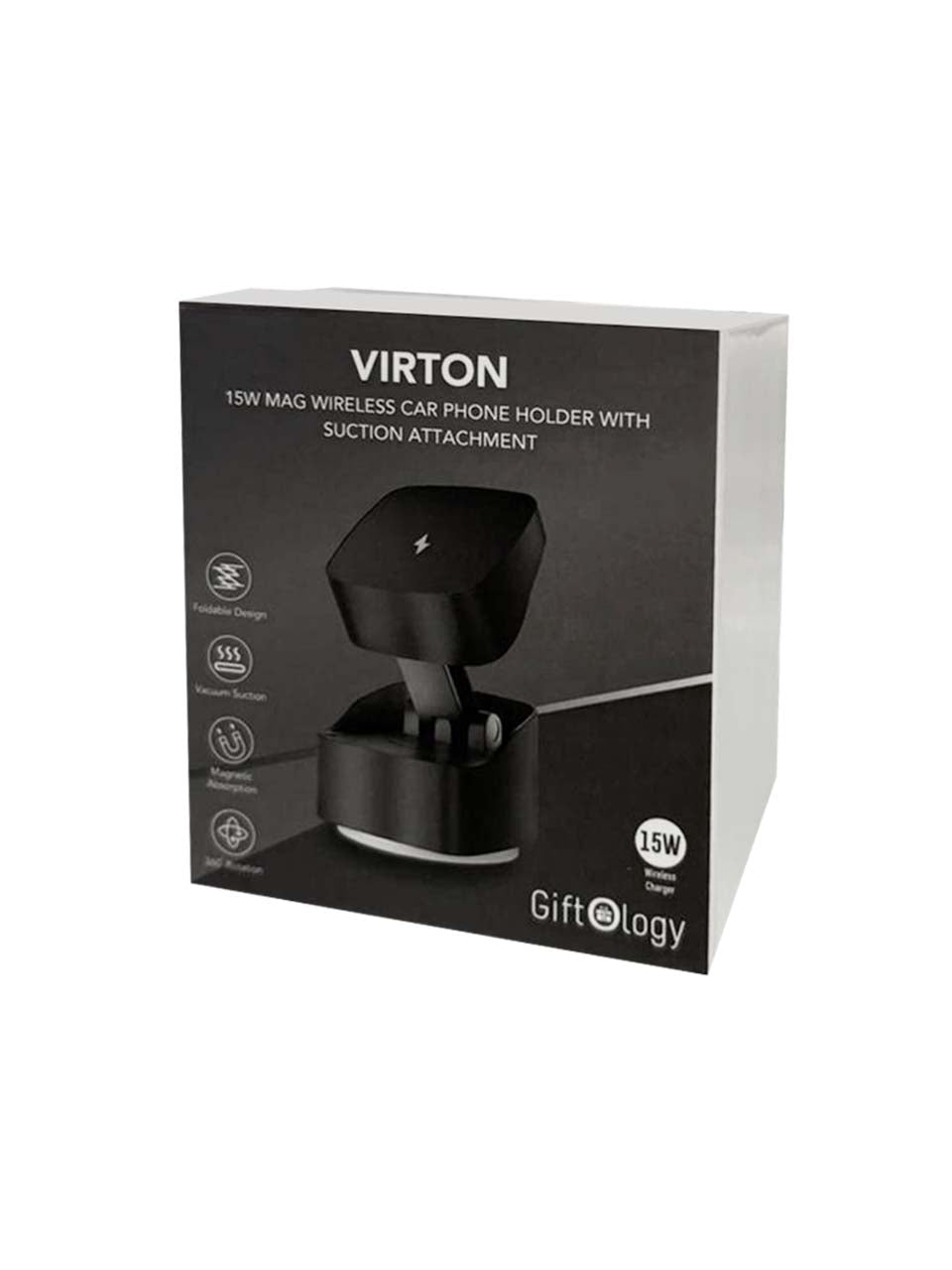 VIRTON - Giftology Magnetic Car Phone Holder and 15W Wireless Charger - Black