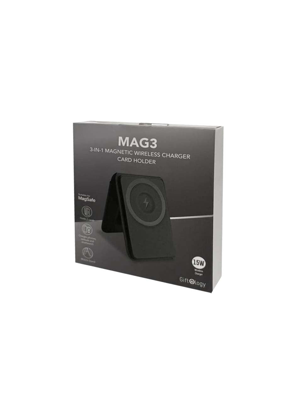 MAG3 - Giftology 3-in-1 Magnetic Wireless Charger Card Holder - Black