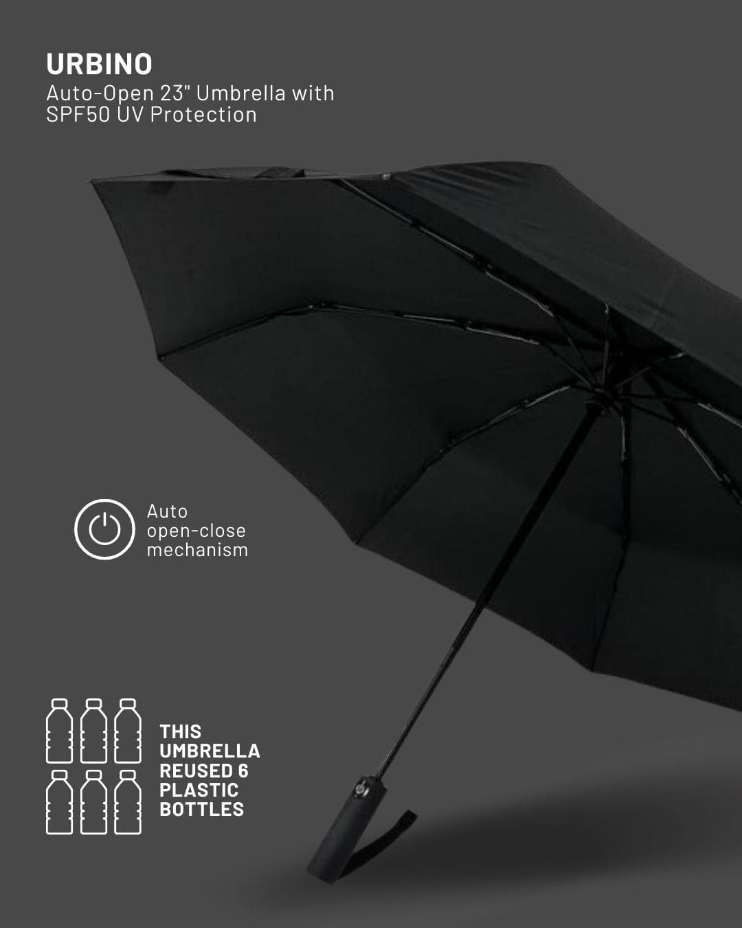 URBINO - Santhome RPET Auto-Open 23" Umbrella with SPF50 UV Protection - Black