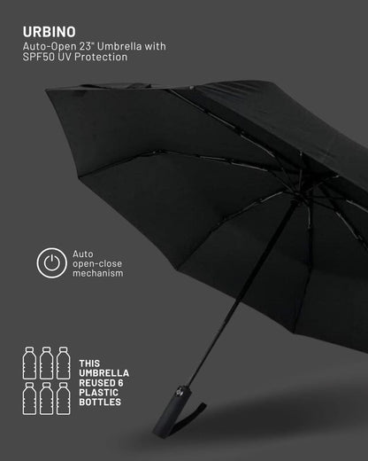 URBINO - Santhome RPET Auto-Open 23" Umbrella with SPF50 UV Protection - Black